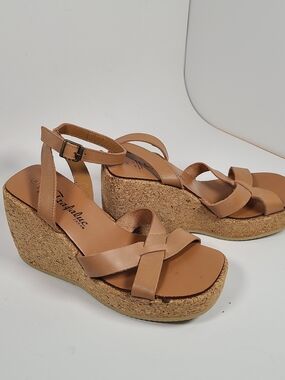 Vintage Zara Tan Leather Cork Platform Wedge Sandals Y2K Size 36